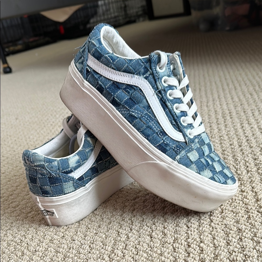 Vans Blue Canvas Sneakers Low-Top Platform Checkerboard